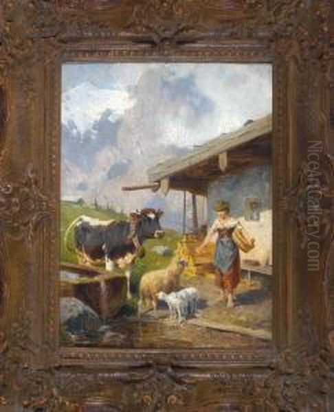 Junge Bauerin Mit Kuh, Schaf Und Zwei Lammern An Der Tranke Vor Einer Almhutte Oil Painting by Ernst Adolf Meissner