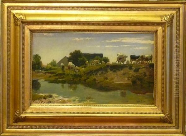 Kor Vid Vatten. Ca Oil Painting by Ernst Adolf Meissner