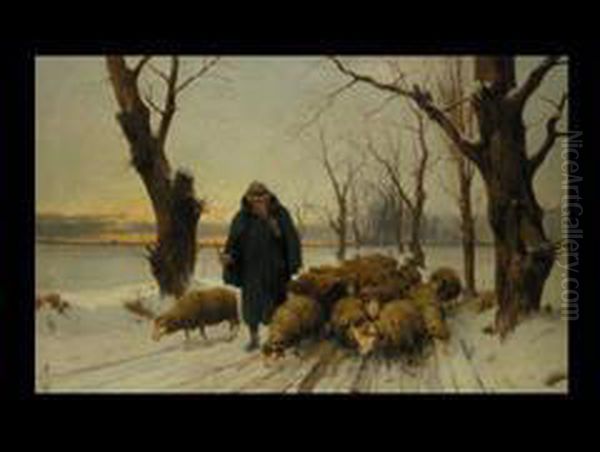 Schafer Mit Seinen Schafen Im Schnee Oil Painting by Ernst Adolf Meissner