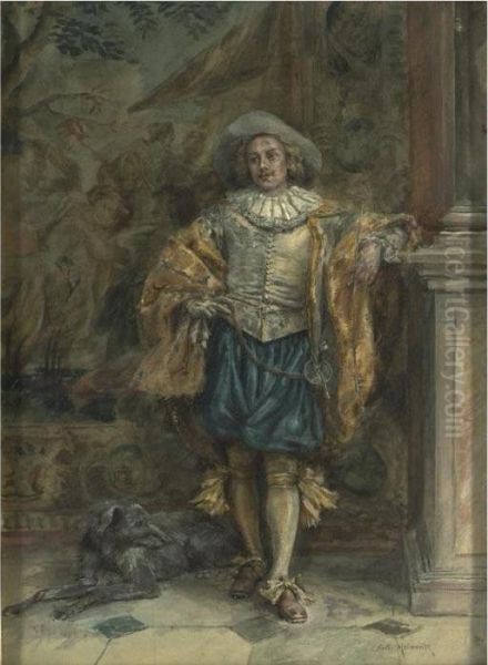 Cavalier With A Hound & The Flag Bearer: A Pair Oil Painting by Jean-Charles Meissonier