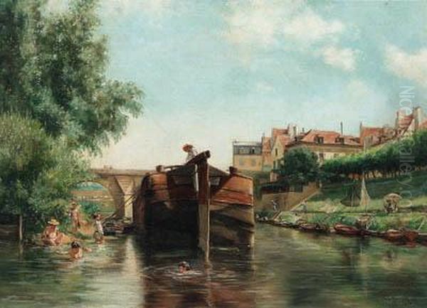 Bathers On The Riverbanks By A Town Oil Painting by Jean-Charles Meissonier