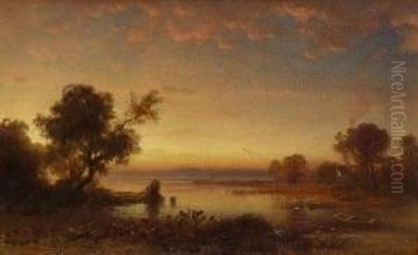 Abendsonne Uber Einem See. Oil Painting by Ludwig Meixner