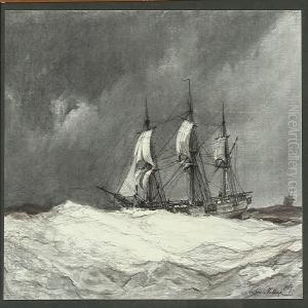 Seascape With A Three-masted Sailing Ship In High Waves Oil Painting by Anton Melbye