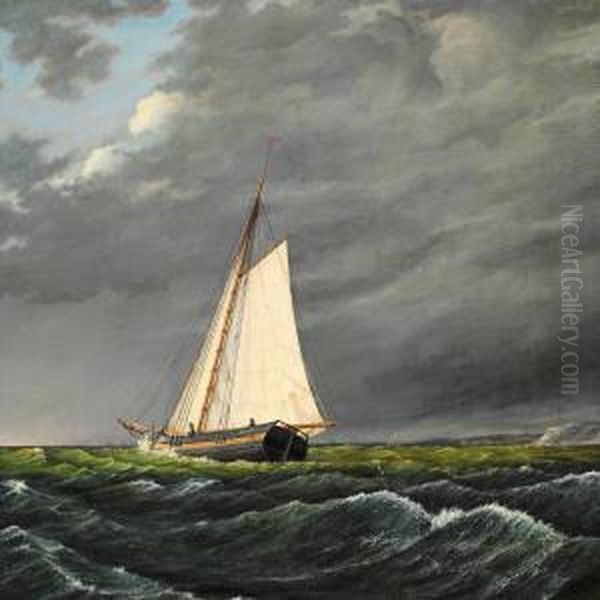 Sailing Boats Under A Dark Sky Oil Painting by Anton Melbye