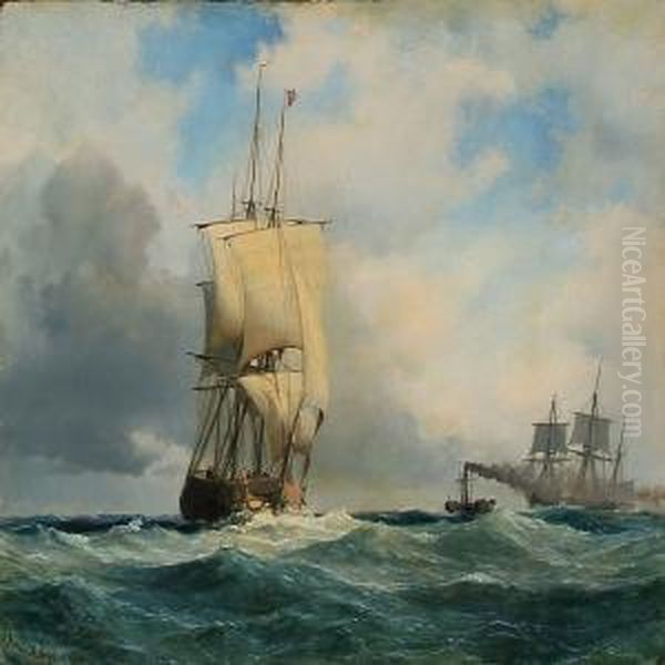 Seascape With Two Sailing Ships And A Steamer Oil Painting by Anton Melbye