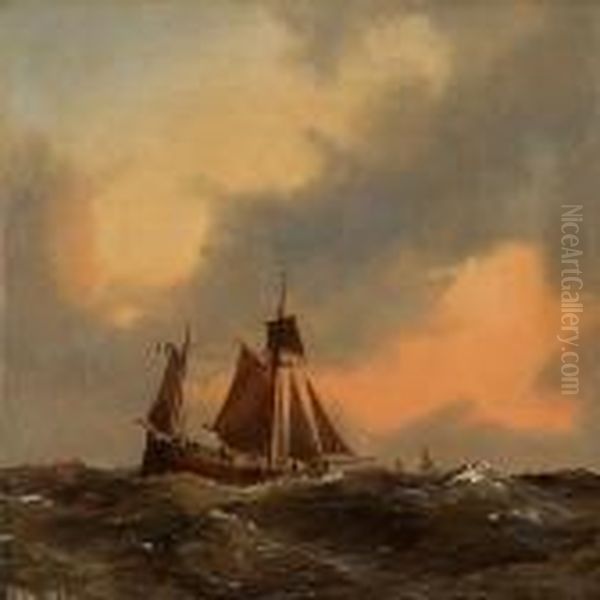 Seascape With A Saling Ship In High Waves Oil Painting by Anton Melbye