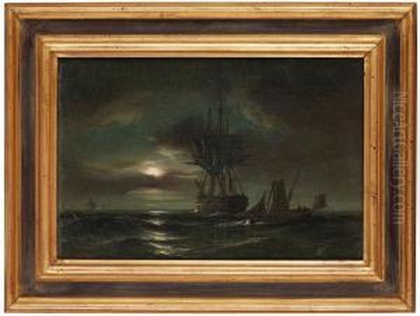 Ships In The Moonlight Oil Painting by Anton Melbye