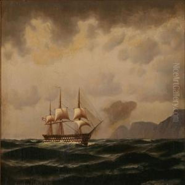 Seascape With A Danish Warship Passing A Rocky Coast Oil Painting by Anton Melbye