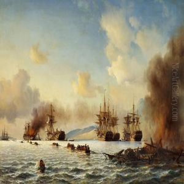 The Battle Of Grand Port Oil Painting by Anton Melbye