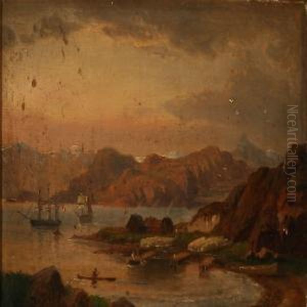 Liner Off The Coast Near A Trading Station Or Settlement Oil Painting by Anton Melbye