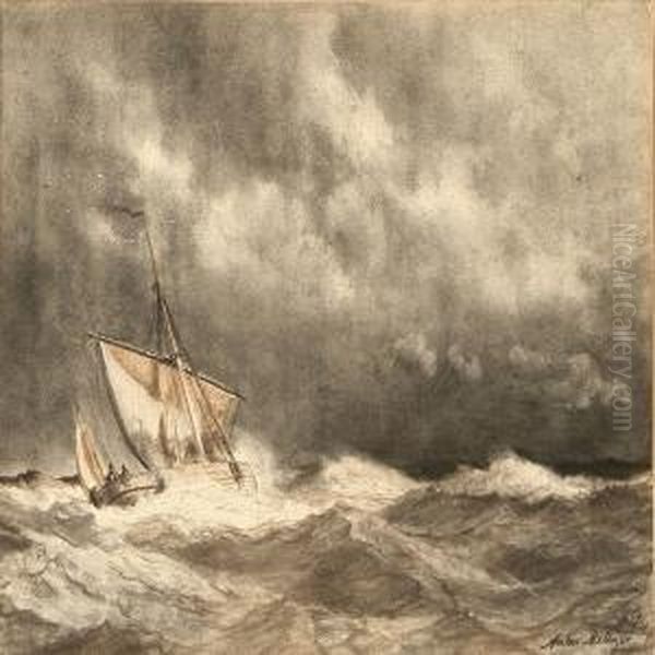 Marine With A Sailing Ship In Storm Oil Painting by Anton Melbye