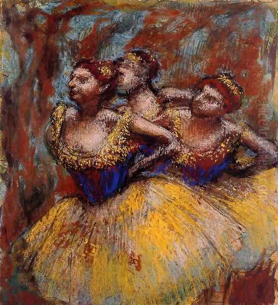 Three Dancers: Yellow Skirts, Blue Blouses Oil Painting by Edgar Degas