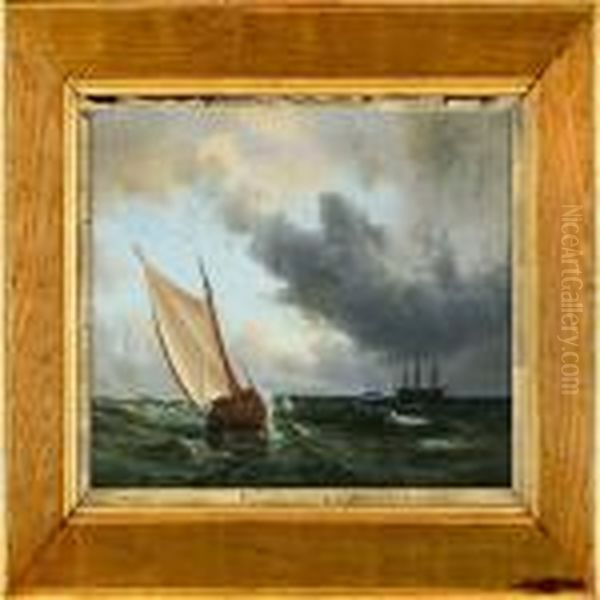 Marine With Sailing Ships On Open Sea Oil Painting by Anton Melbye