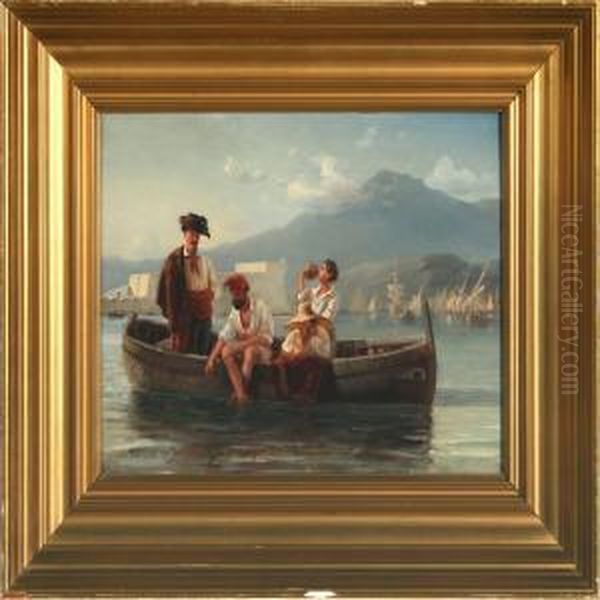 Italian Fishers In A Boat Oil Painting by Anton Melbye