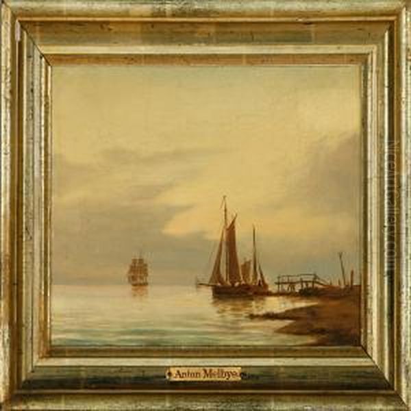 Marine With Sailing Ships Along The Coast On A Calm Day Oil Painting by Anton Melbye