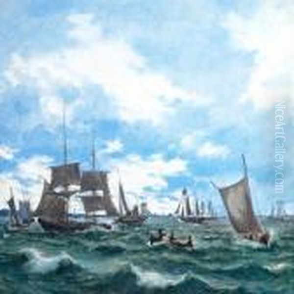 Numerous Ships And Pramson The Water Oil Painting by Anton Melbye