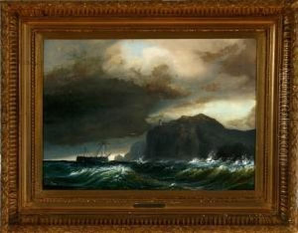 Marine With A Foundering Brig Near A Precipitous Rocky Coast Oil Painting by Anton Melbye