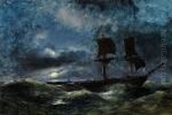 Ships At Sea By Night Oil Painting by Anton Melbye