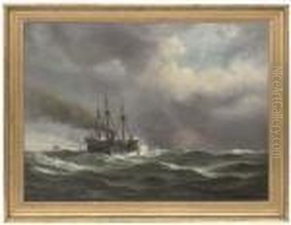 A Paddle Steamer In Heavy Seas, A Ship Beyond Oil Painting by Anton Melbye