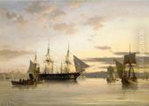 Ships In Calm Water On The Bosporus Oil Painting by Anton Melbye