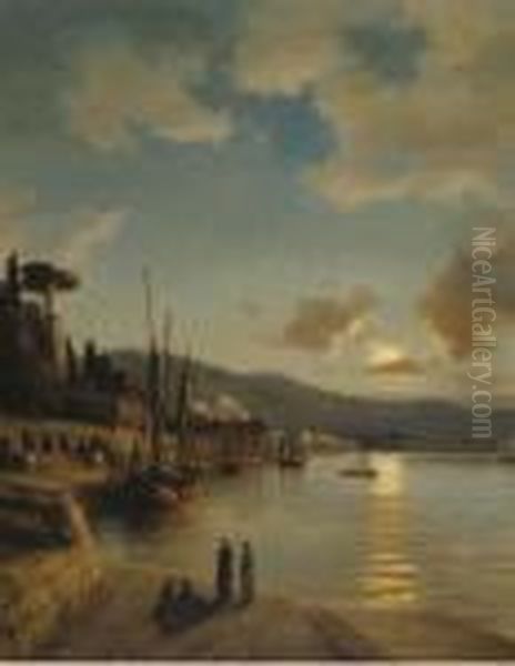 An Oriental Harbour By Moonlight Oil Painting by Anton Melbye