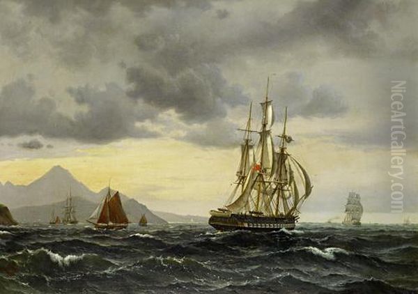 An English Frigate Running Up A Rocky Coast With Small Craft Inshore Oil Painting by Vilhelm Melbye