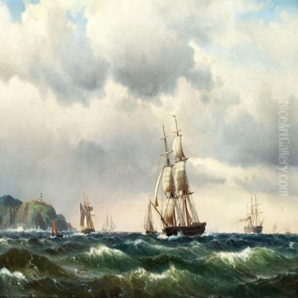 Seascape With Numerous Sailing Ships Near A Rockycoast Oil Painting by Vilhelm Melbye