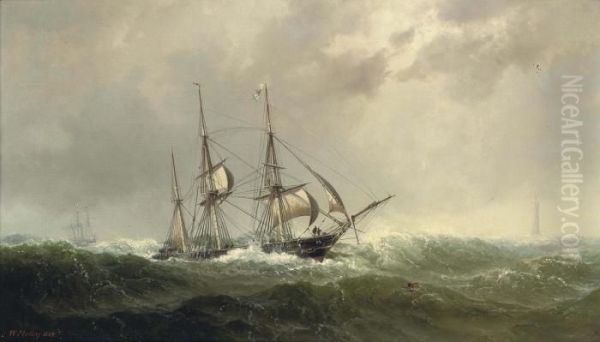 A Three-masted Barque Reefed-down In Heavy Weather Oil Painting by Vilhelm Melbye