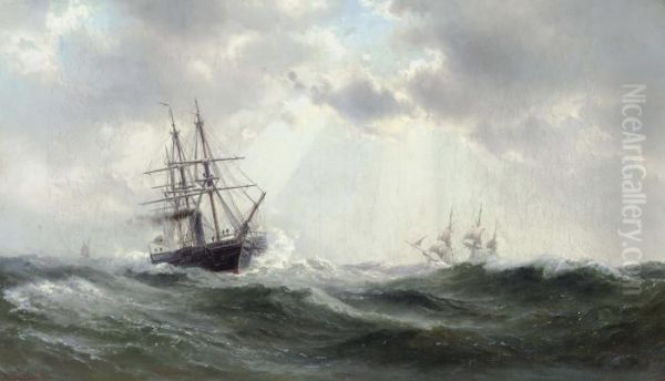 A Paddlesteamer And Other Shipping In A Heavy Swell Oil Painting by Vilhelm Melbye