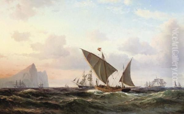 Xebecs And Other Shipping Off Gibralter At Sunset Oil Painting by Vilhelm Melbye