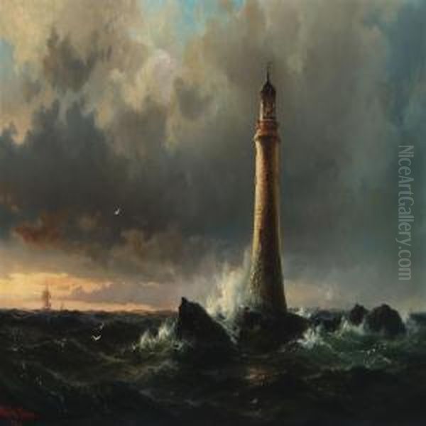 Marine With Edystonelighthouse And Sailboats Oil Painting by Vilhelm Melbye