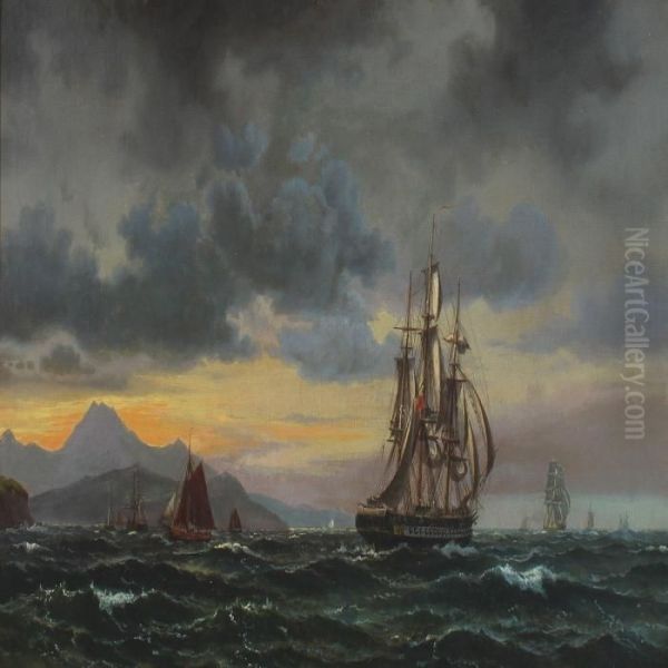 Seascape With Numerous Sailing Ships Near A Rockycoast Oil Painting by Vilhelm Melbye