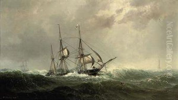 A Three-master Reefed-down In Heavy Weather Oil Painting by Vilhelm Melbye