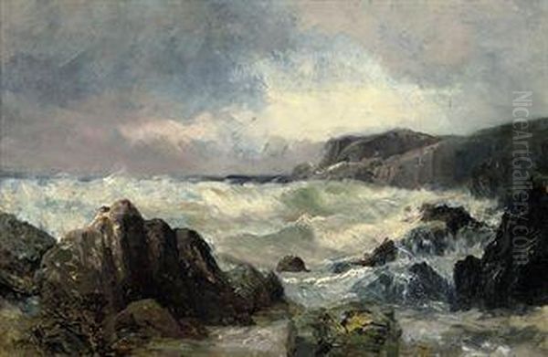 Waves Crashing On A Rocky Coastline Oil Painting by Vilhelm Melbye