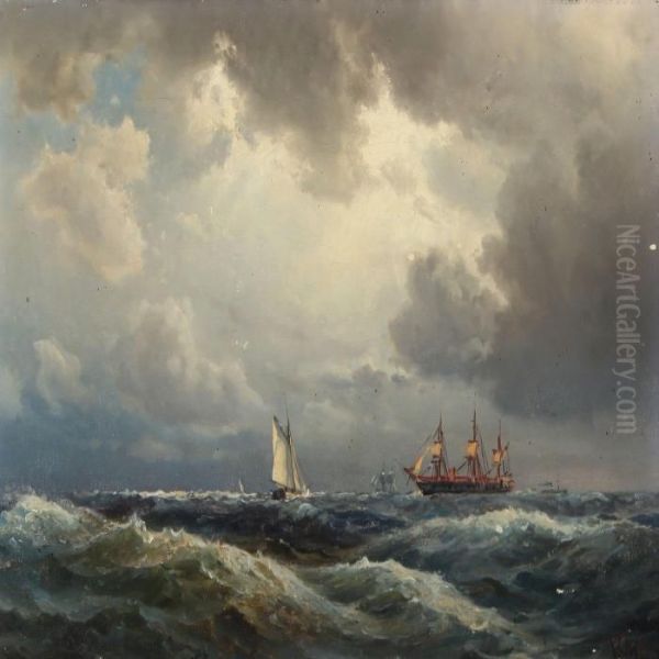 Seascape With Sailing And Motor Ships Oil Painting by Vilhelm Melbye