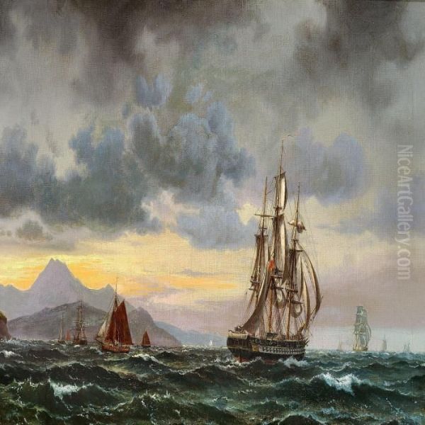 An English Three-masted Frigate Oil Painting by Vilhelm Melbye