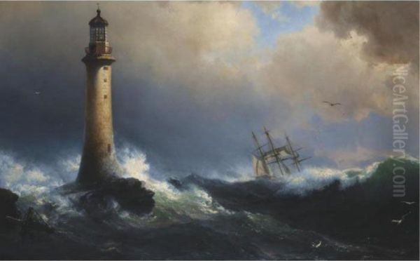 Shipping Off The Eddystone Lighthouse Oil Painting by Vilhelm Melbye