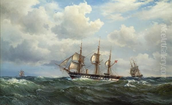 The Danish Auxiliary Steam 
Frigate 'sjaaland'cruising Under Shortened Sail, Before A Strong Breeze 
And Followingseas Oil Painting by Vilhelm Melbye