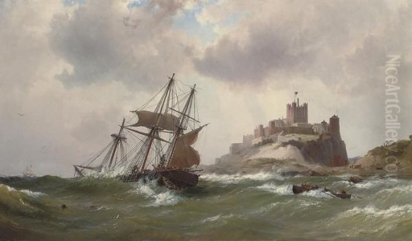 In Dangerous Waters Off Bamburgh Castle, Northumberland Oil Painting by Vilhelm Melbye