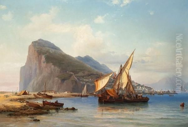 View Of Gibraltar. Signed And Dated Wilhelm Melbye 1857 Oil Painting by Vilhelm Melbye