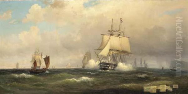 A Man-o-war Firig A Salute Off A Headland With Other Shipping In The Distance Oil Painting by Vilhelm Melbye