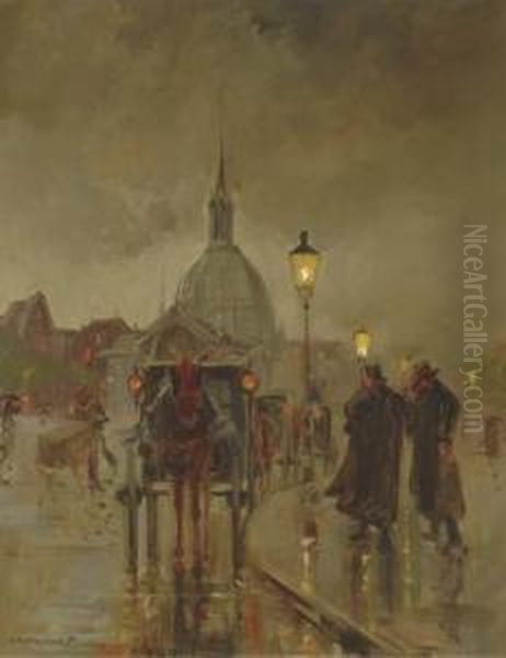 Aapjeskoetsen At The Hotel 
Americain, Leidseplein, The Koepelkerkin The Background, Amsterdam Oil Painting by Jan Hermanus Melcher Tilmes