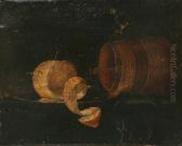 Still Life With Peeled Lemon, Wine Glass And Over-turned Tankard Oil Painting by Luis Eugenio Melendez