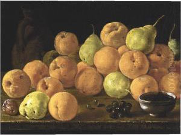 A Still Life Of Quinces, Pears, A
 Plum, A Bunch Of Red Grapes, Green Grapes, A Terracotta Jug And A 
Ceramic Cup, All Arranged Upon A Table Top Oil Painting by Luis Eugenio Melendez