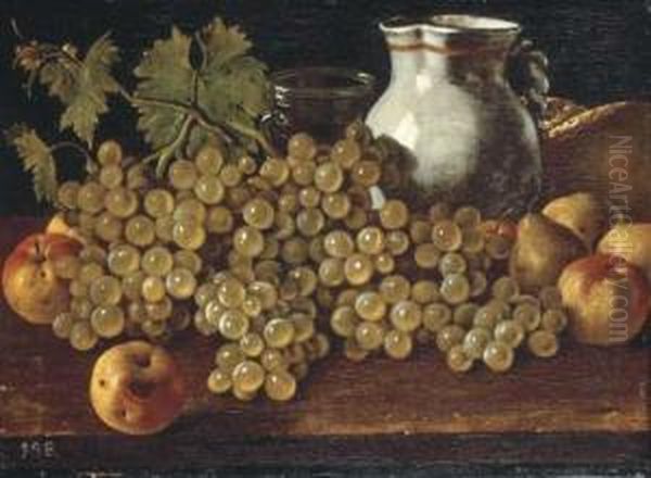 Bodegon Con Manzanas, Uvas, Peras, Pan, Jarra Y Vaso Decristal Oil Painting by Luis Eugenio Melendez