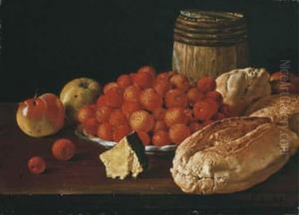 Arbutus Berries On A Plate, Apples, A Wood Barrel And Bread Rollson A Wooden Table Oil Painting by Luis Eugenio Melendez