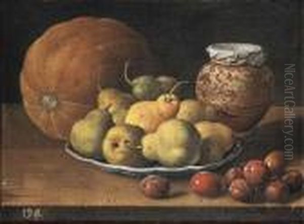 Pears On A Plate, A Melon, 
Plums, And A Decorated Manises Jar Withplums On A Wooden Ledge Oil Painting by Luis Eugenio Melendez