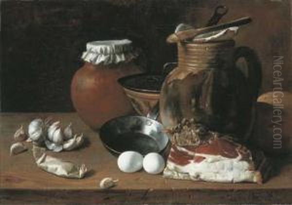 Des Gousses D'ail, Des Oeufs, Du Jambon, Une Poele Et Des Jarres Sur Une Table Oil Painting by Luis Eugenio Melendez