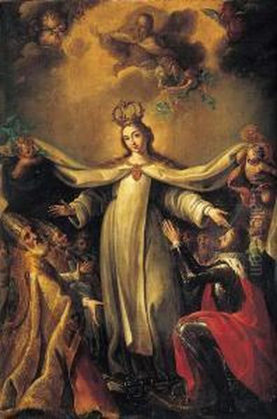 La Virgen De La Merced, Madre De Misericordia Oil Painting by Miguel Jacinto Melendez