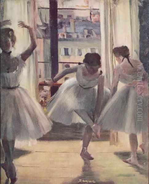 Three dancers in a exercise hall Oil Painting by Edgar Degas